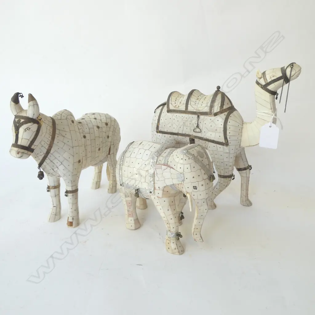 3 IVORY ANIMALS; ELEPHANT, BUFFALO, CAMEL H.230mm losses Image 1++
