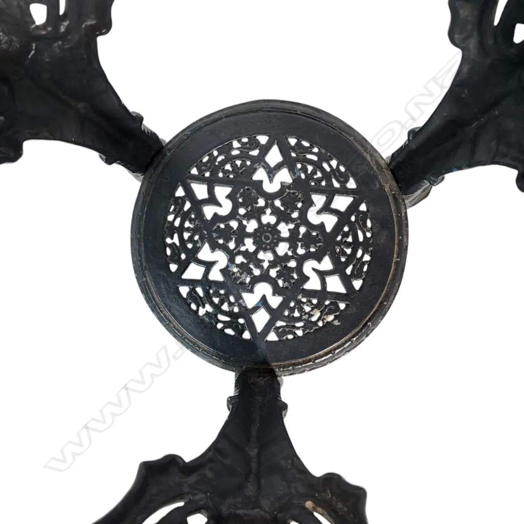1960 VINTAGE ENGLISH PUB TABLE W THICK WOOD TOP - Dark painted decorative base with a Greek mask filigree apron, lower f Image 1++