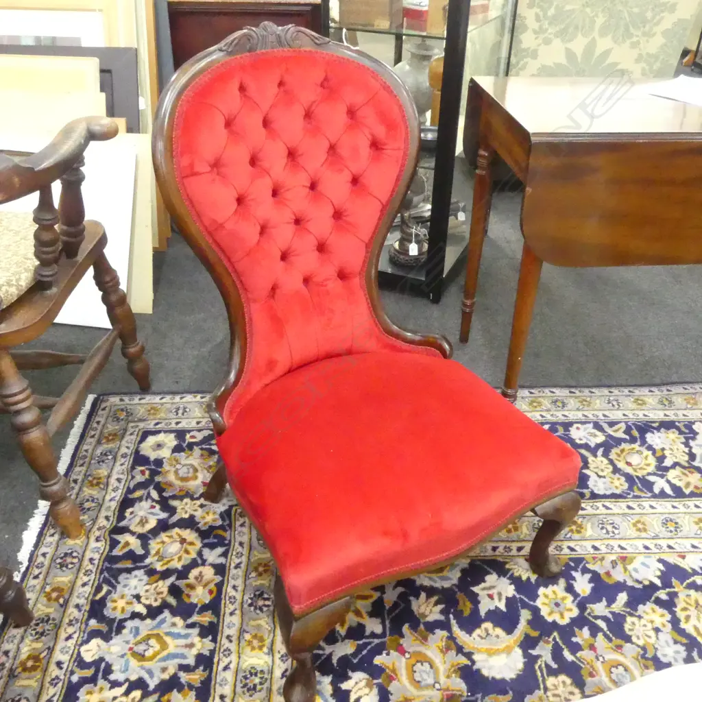 VICTORIAN STYLE GRANDMOTHER CHAIR, RED VELVET UPHOLSTERY Image 1++