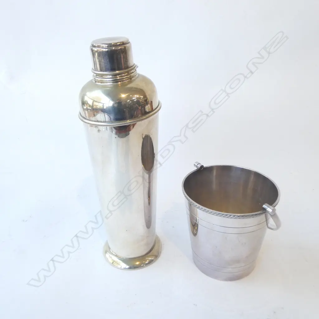 ENGLISH SILVER PLATE BUCKET WINE COASTER H.125mm + COCKTAIL SHAKER H.310mm Image 1++