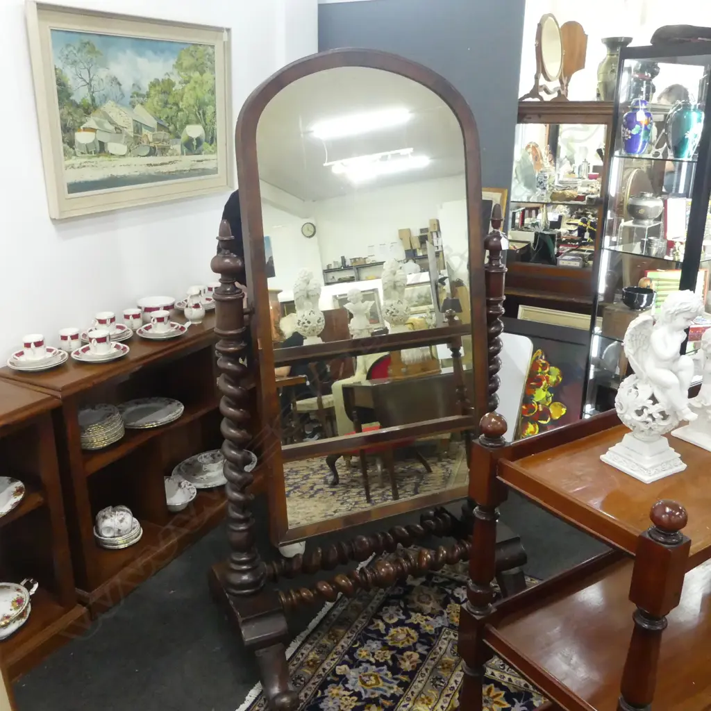VICTORIAN MAHOGANY BARLEY TWIST CHEVAL DRESSING MIRROR 970x680x1740mm Image 1++