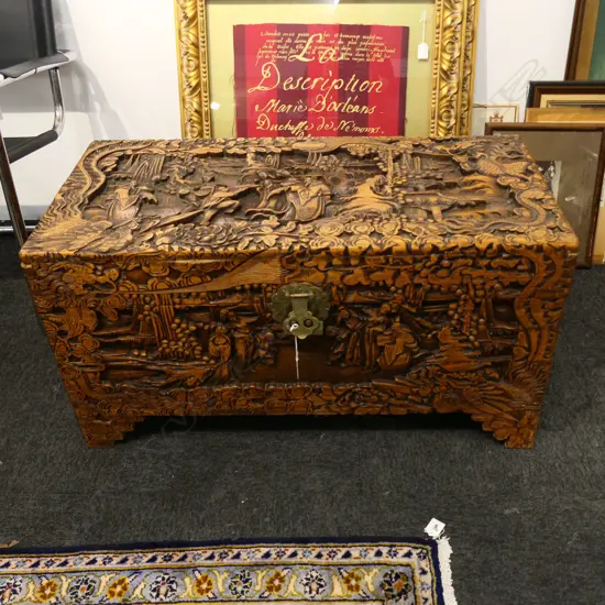CARVED ORIENTAL CAMPHOR CHEST, 890 x 430 x 470mm