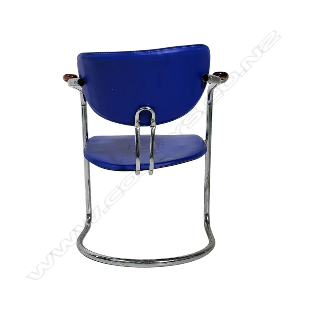 1980 CANTILEVER CHAIR - TUBULAR CHROME, BLUE COLOR LEATHER SEAT WITH WOODEN ARMREST - dimensions: h. 770 mm, w. 570 mm, Image 1++
