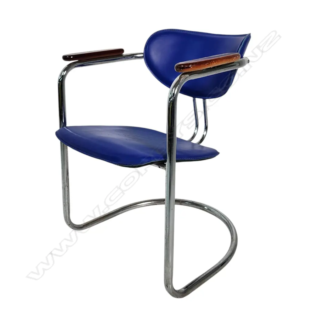 1980 CANTILEVER CHAIR - TUBULAR CHROME, BLUE COLOR LEATHER SEAT WITH WOODEN ARMREST - dimensions: h. 770 mm, w. 570 mm, Image 1++