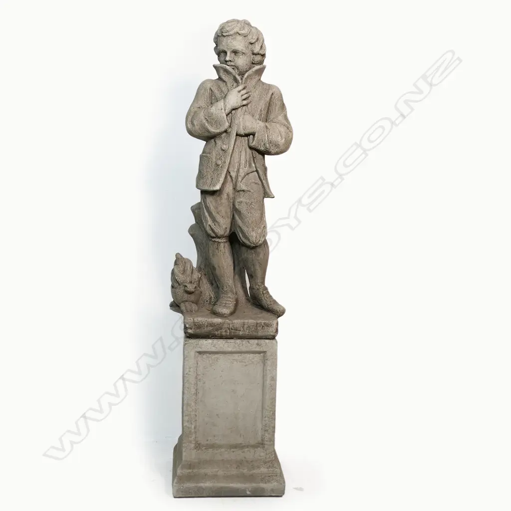 A quality English concrete allegorical garden male figure representing winter - modelled tightening the collar of his long coat. Raised on tall square section plinth base. H.1150mm (including plinth). Image 1++