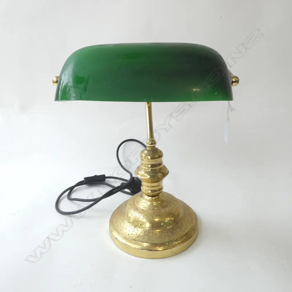 BANKERS LAMP; BRUSHED METAL BASE, GREEN GLASS SHADE H.370mm Image 1++