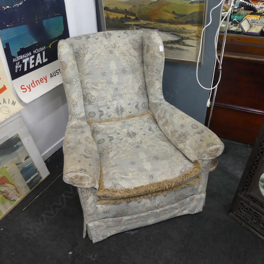 ARMCHAIR IN Colefax and Fowler LINEN UPHOLSTERY. Arms tidy under arm protectors. Okay condition Image 1++