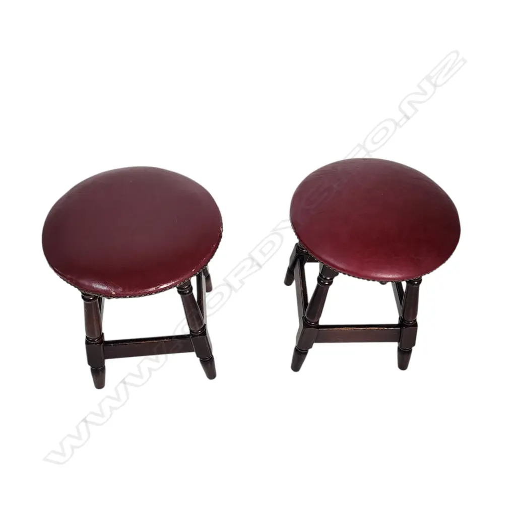 HEAVY PAIR OF VINTAGE WOODEN STOOLS – DARK WOOD WITH RED UPHOLSTERED SEATS AND NAILHEAD TRIM. Image 1++