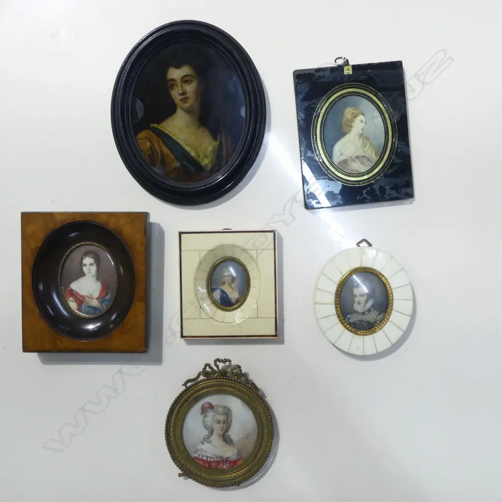 6 ANTIQUE STYLE PORTRAIT MINIATURES OF BEAUTIES largest 190x165mm overall Image 1++