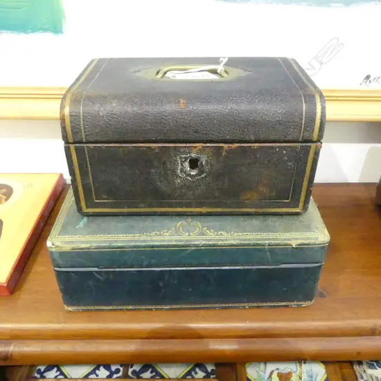 2 ANTIQUE LEATHER JEWELLERY BOXES W.240mm