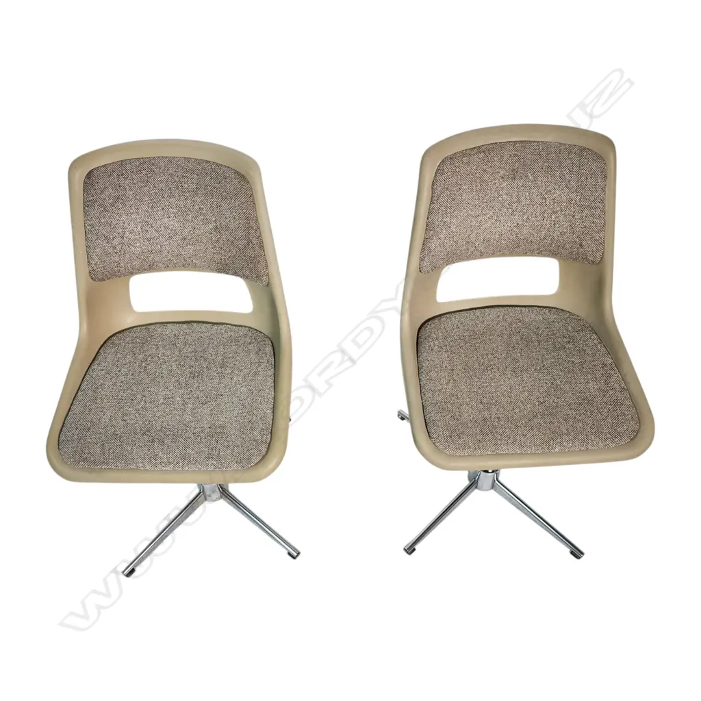 PAIR OF NAMCO CHAIRS: AUSTRALIAN 1970S DESIGN with chrome swivel base molded plastic w cotton/wool upholstery Image 1++
