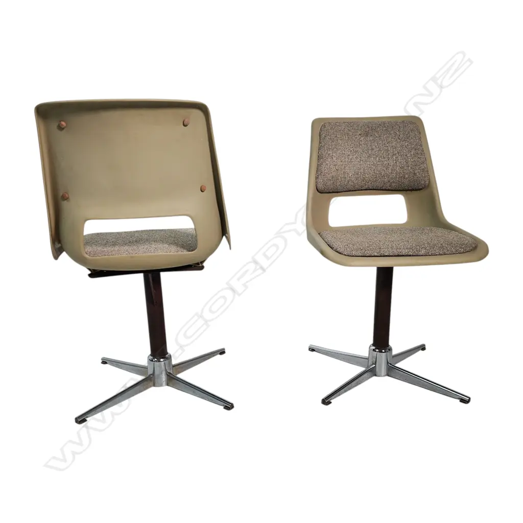 PAIR OF NAMCO CHAIRS: AUSTRALIAN 1970S DESIGN with chrome swivel base molded plastic w cotton/wool upholstery Image 1++
