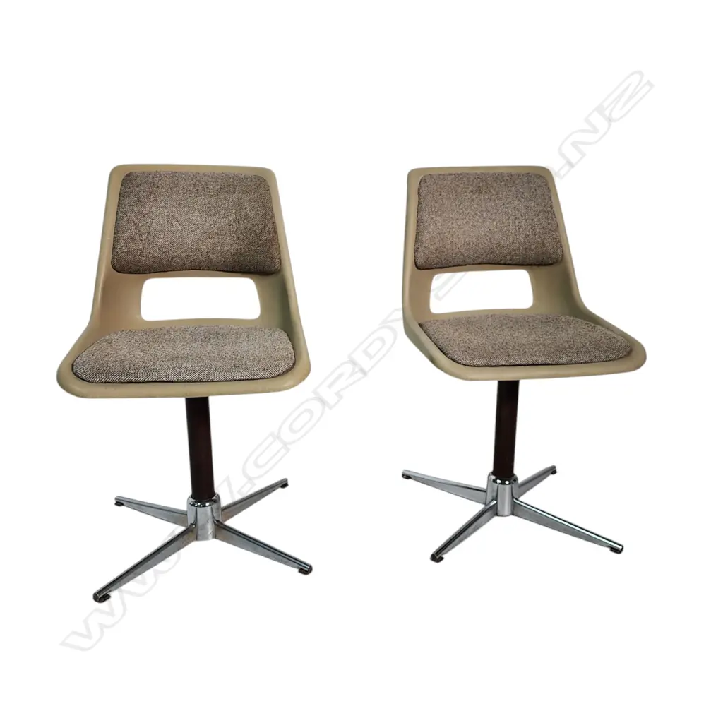 PAIR OF NAMCO CHAIRS: AUSTRALIAN 1970S DESIGN with chrome swivel base molded plastic w cotton/wool upholstery Image 1++