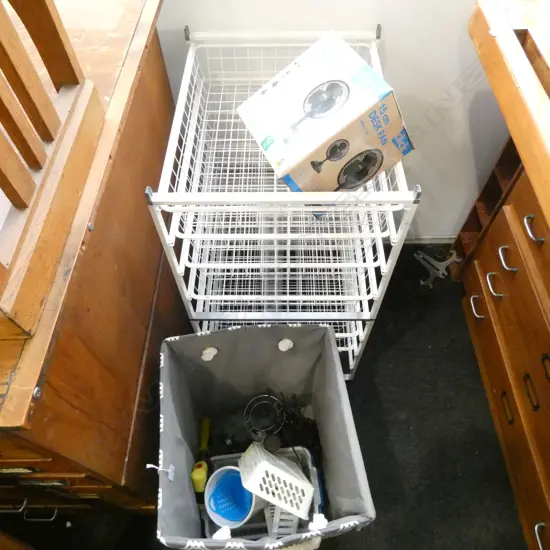 LAUNDRY BASKET, MODERN 7 DRAWER WIRE RACK, BOXED FAN, etc