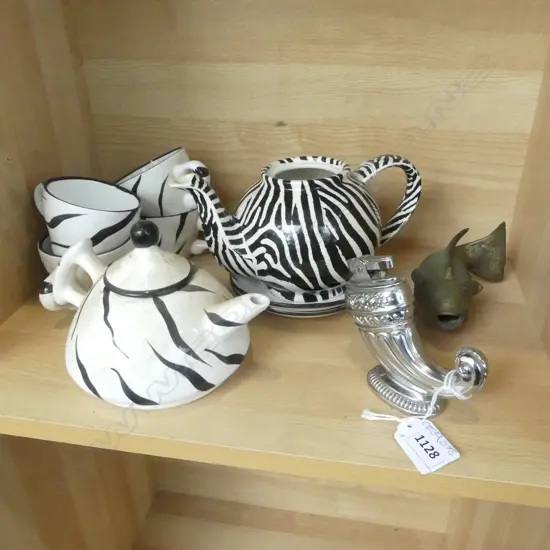 ZEBRA PATTERN PART TEA SET + BRASS FISH & TABLE LIGHTER