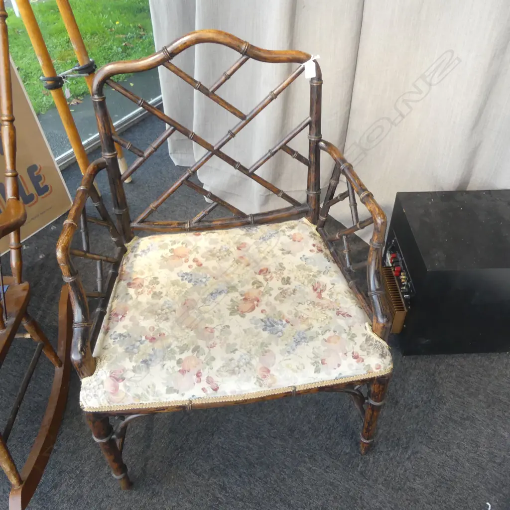 OLD CHINESE CHIPPENDALE faux bamboo framed chair w wide seat Image 1++