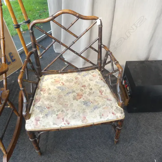 OLD CHINESE CHIPPENDALE faux bamboo framed chair w wide seat