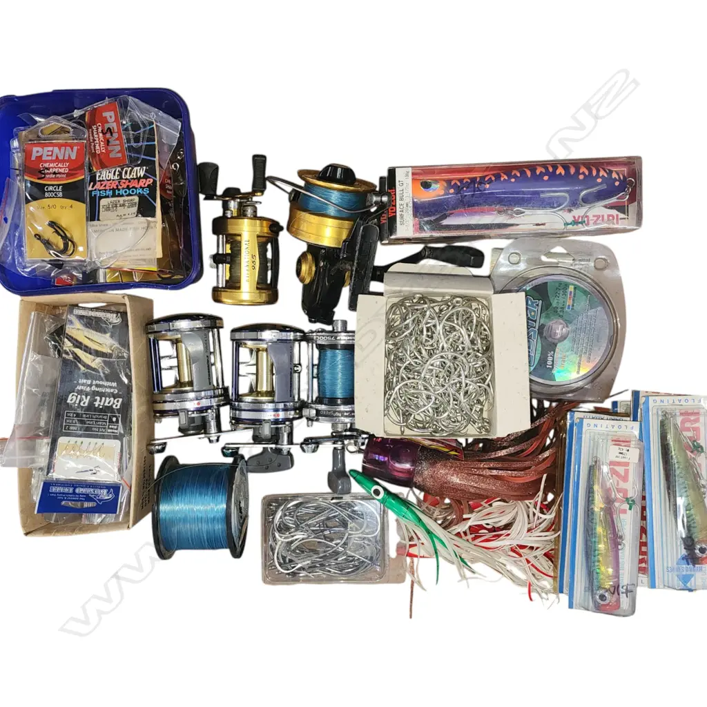 ASST. BOX OF FISHING GEAR. lure, hooks, reels, nylon etc. Image 1++