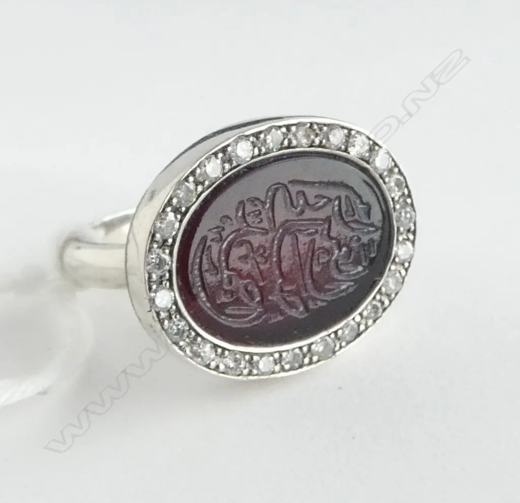 'ELMA' MIDDLE EASTERN engraved red agate & DIAMOND SIGNET RING SILVER? SIZE L1/2 Image 1++