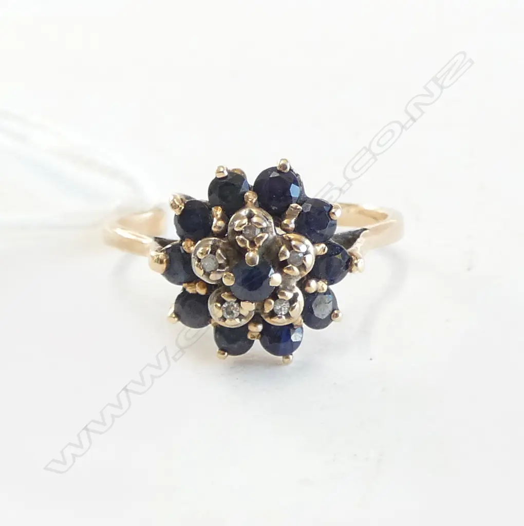 9ct GOLD SAPPHIRE & DIAMOND princess type RING, 2.5grms SIZE S Image 1++