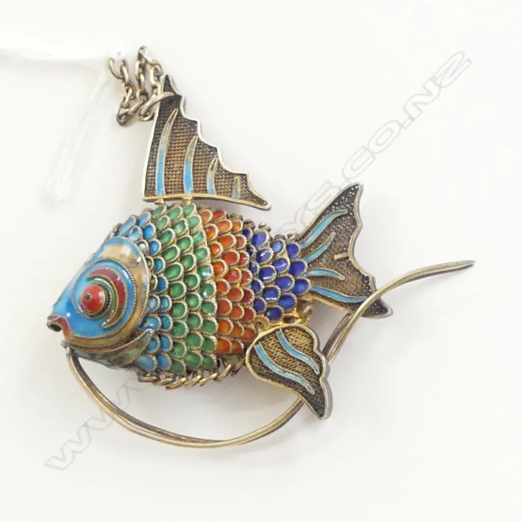 **RTV** CHINESE VINTAGE GOLD WASHED SILVER & coloured ENAMEL GOLDFISH PENDANT H.60mm Image 1++