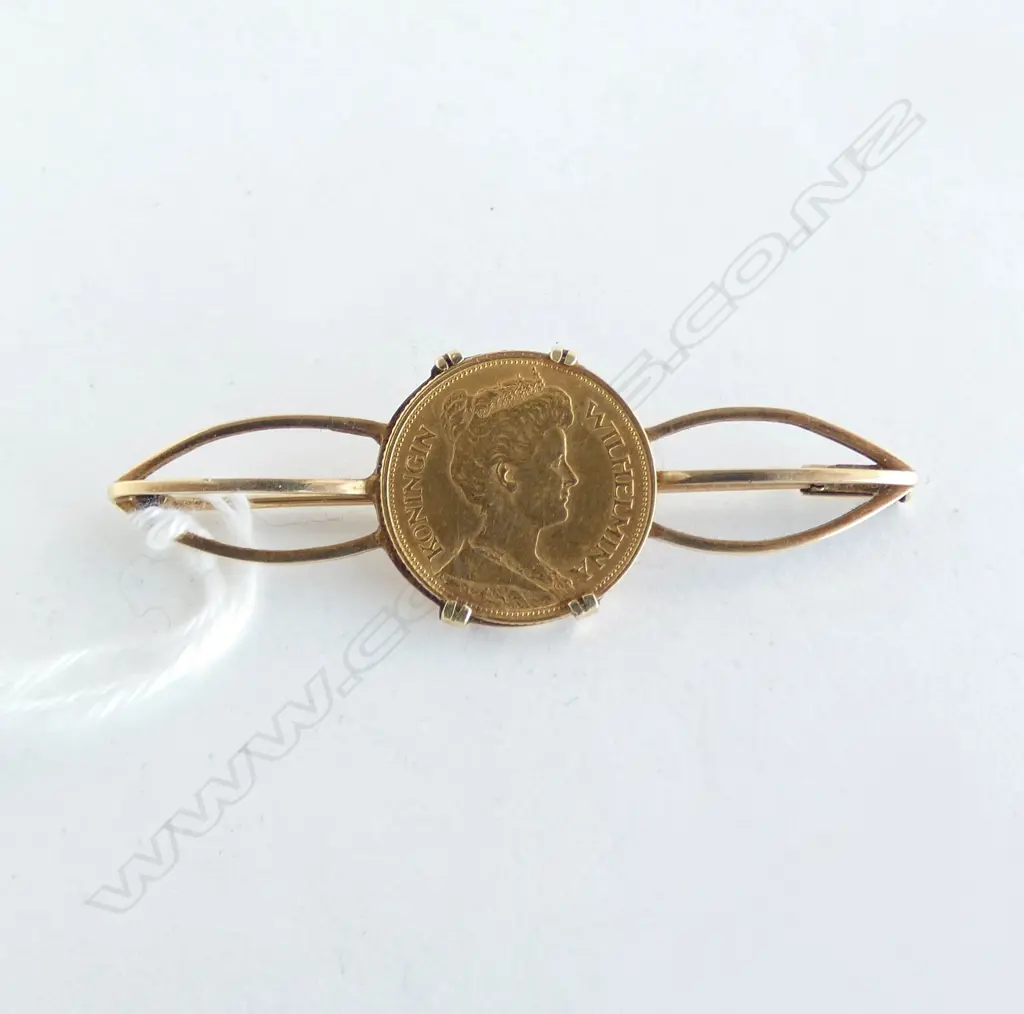 GOLD BROOCH KONINGIN WILHELMINA 5 GULDEN 1912 6.2grms Image 1++