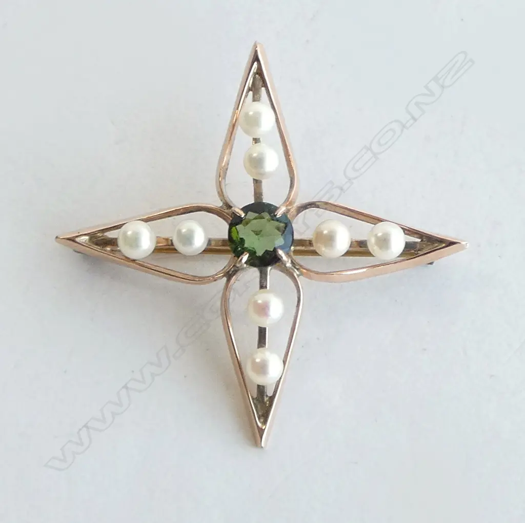 **RTV** 9CT TOURMALINE & SEED PEARL BROOCH 43x43mm 4.27grms WITH VALUATION Image 1++