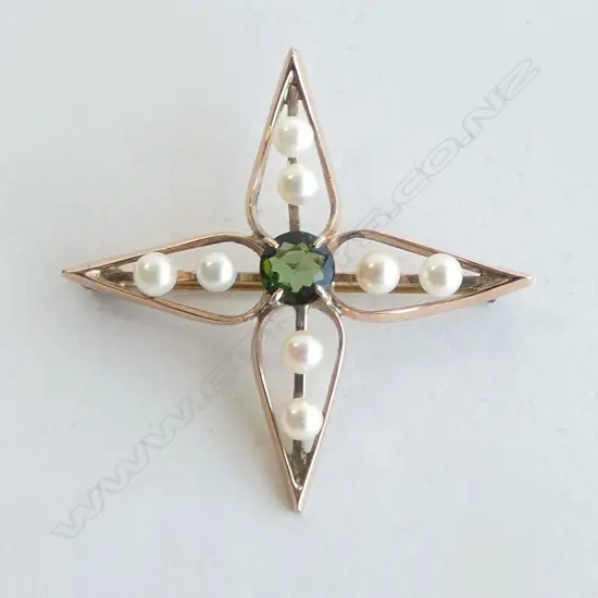 **RTV** 9CT TOURMALINE & SEED PEARL BROOCH 43x43mm 4.27grms WITH VALUATION