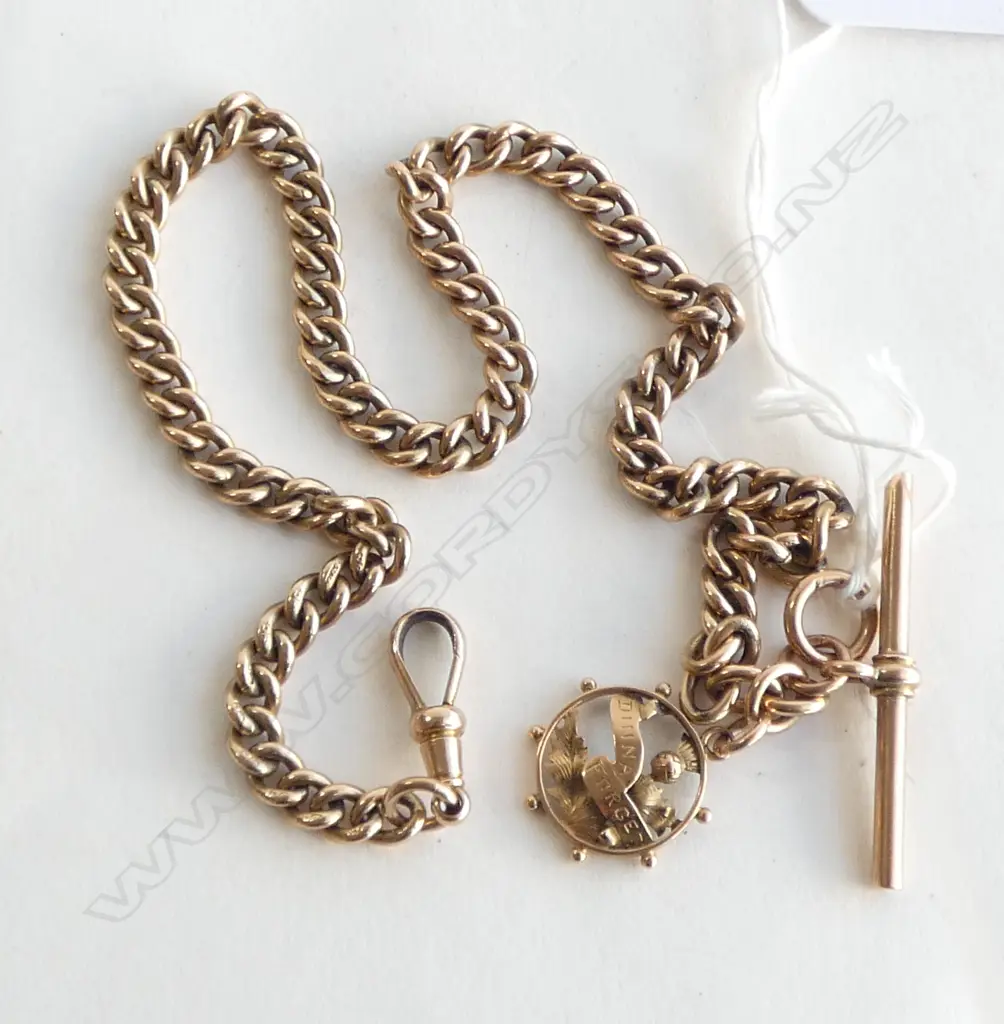 ANTIQUE 9ct FOB CHAIN w T BAR & 'DINNA FORGE' CHARM, 32.9gm Image 1++