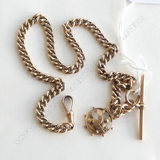 ANTIQUE 9ct FOB CHAIN w T BAR & 'DINNA FORGE' CHARM, 32.9gm