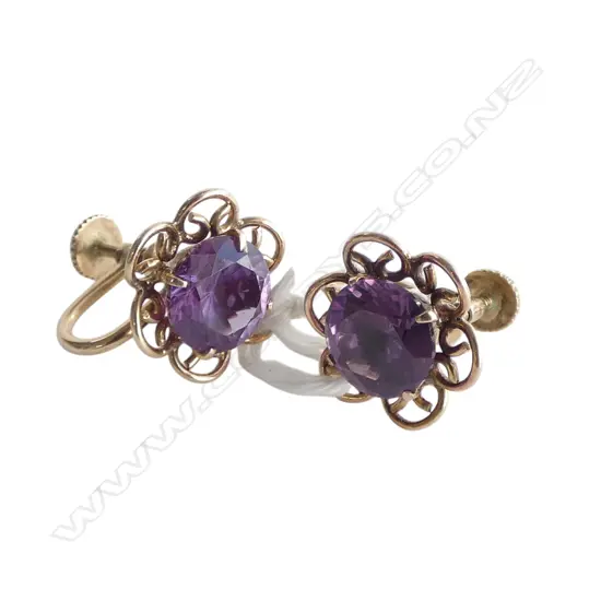 **RTV** PR 14ct GOLD &  SYN PURPLE SAPPHIRE STONE EARRINGS screw fittings 5.1gms
