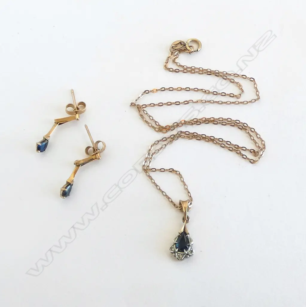 9CT SAPPHIRE/DIAMOND NECKLACE + PR  SAPPHIRE DROP EARRINGS, 3.0grms Image 1++