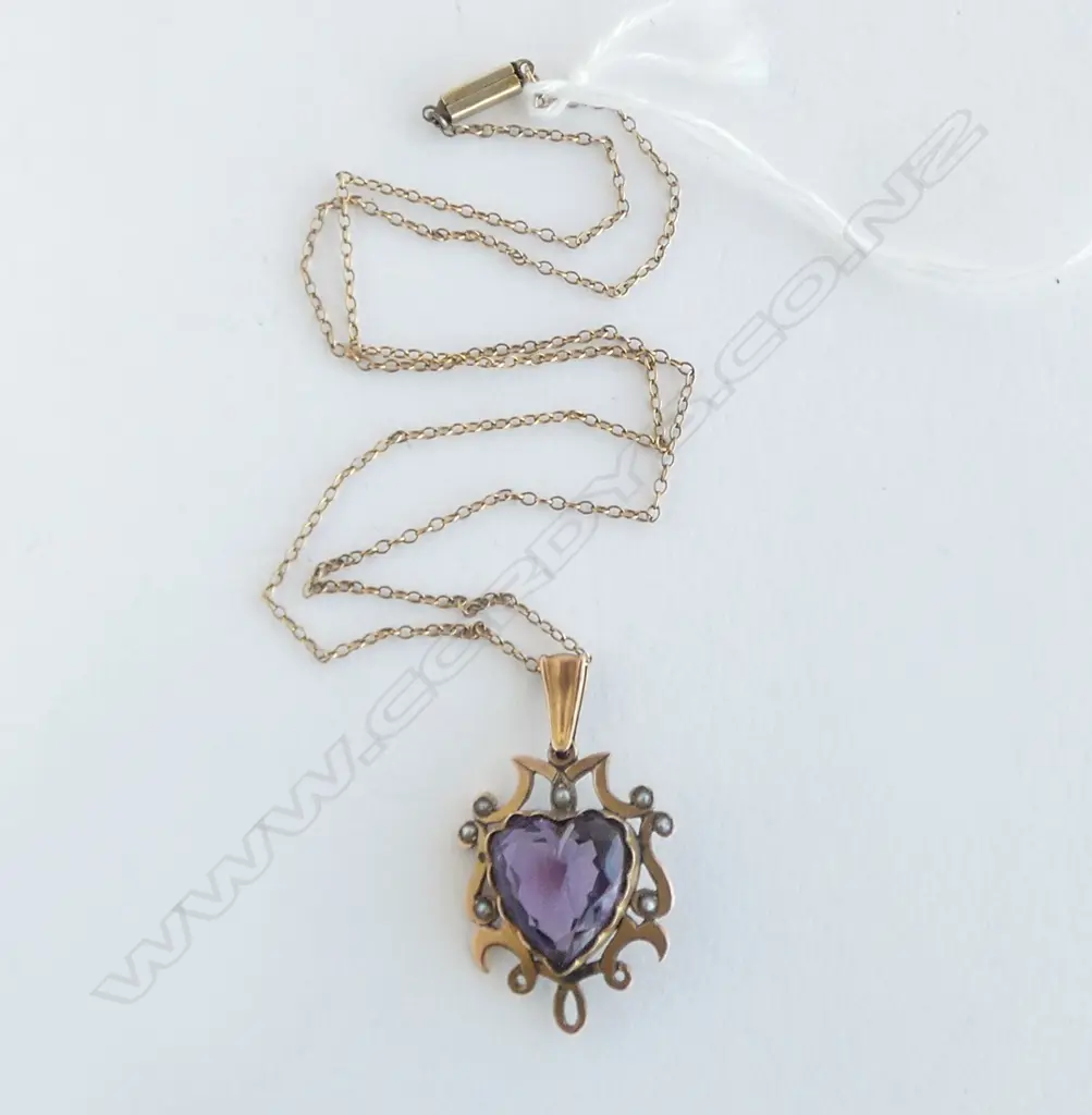 EDWARDIAN 9ct AMETHYST & SEED PEARL PENDANT on 9ct CHAIN 6gms total Image 1++