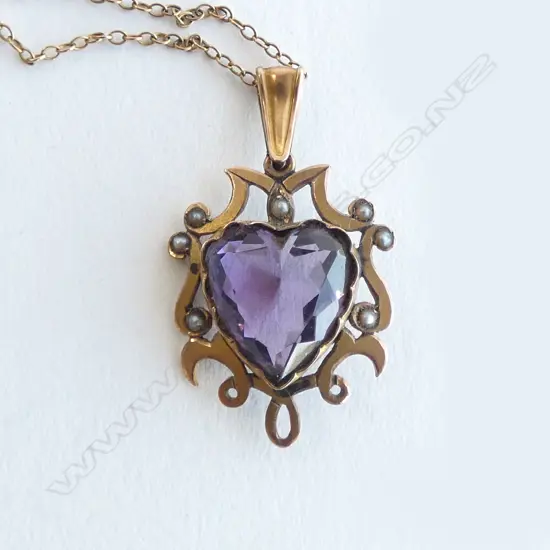 EDWARDIAN 9ct AMETHYST & SEED PEARL PENDANT on 9ct CHAIN 6gms total