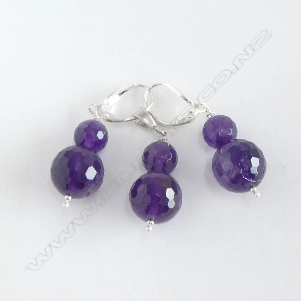 SET SILVER & FACET CUT AMETHYST EARRINGS & PENDANT new Image 1++