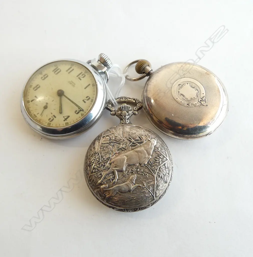 SILVER ROTHERHAMS HUNTER POCKET WATCH & 2 OTHERS 1 only running Image 1++