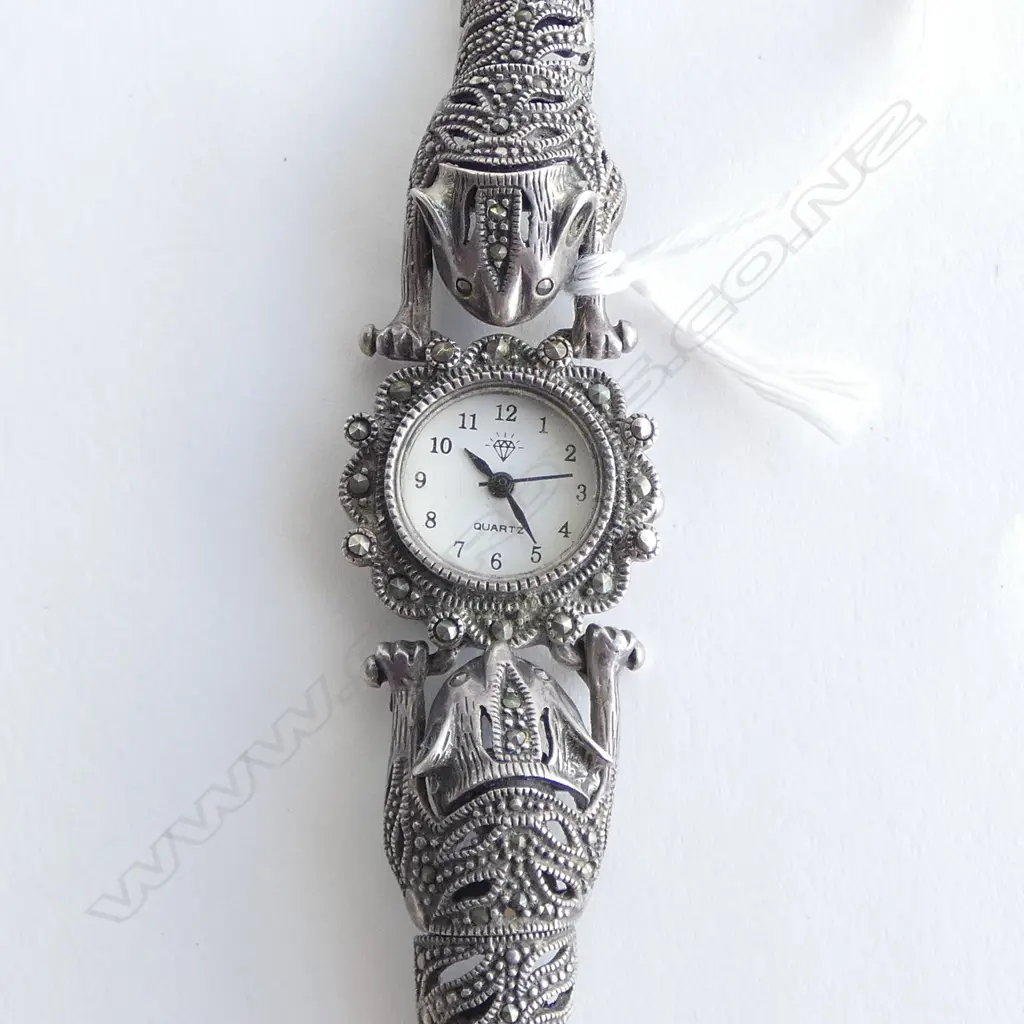 SILVER & MARCASITE LADIES WRISTWATCH with two tiger strap. Stainless steel back. Quartz movement  Image 1++