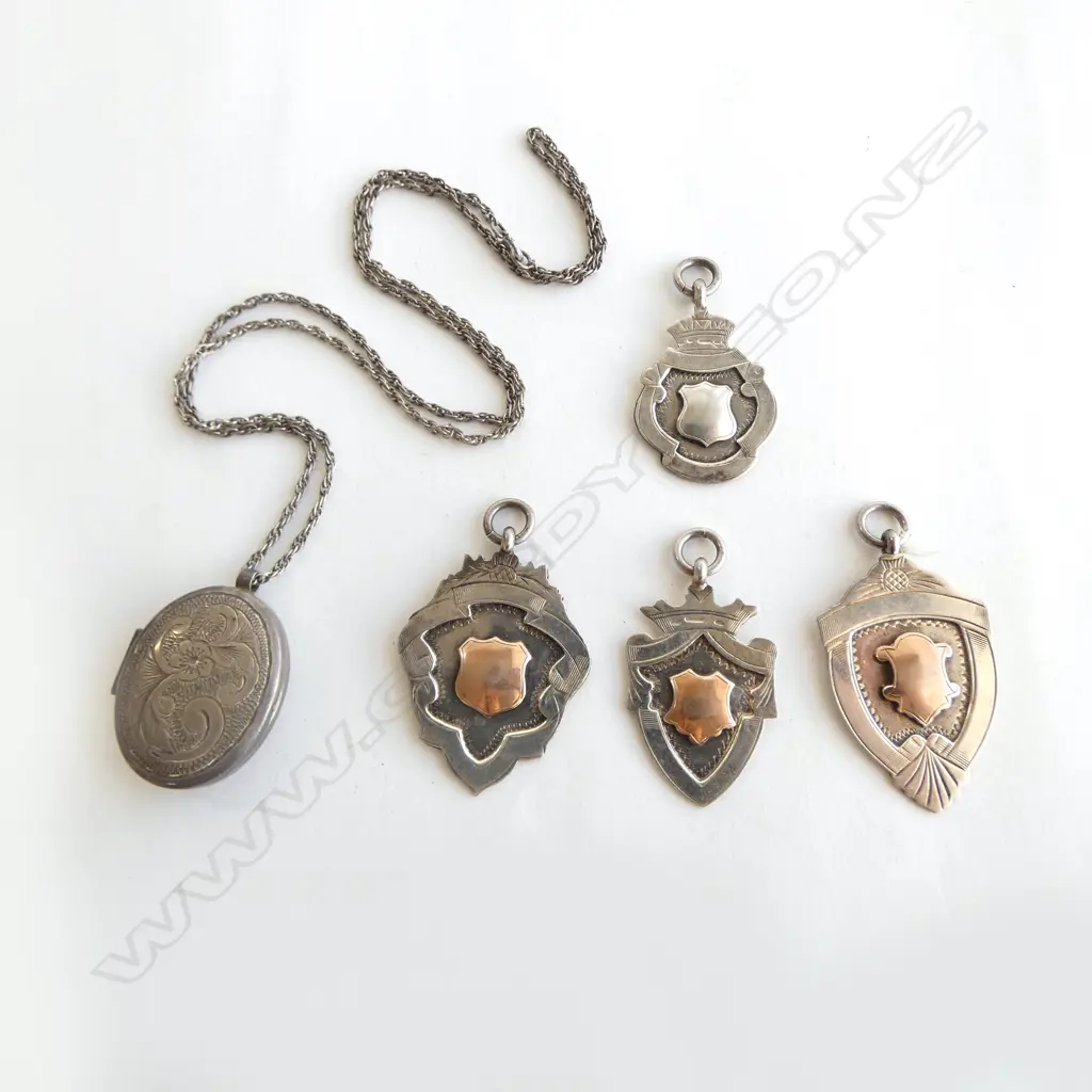 SILVER engraved LOCKET ON CHAIN + 4 SHEILD FOB MEDALLIONS 3 w gold plaques Image 1++