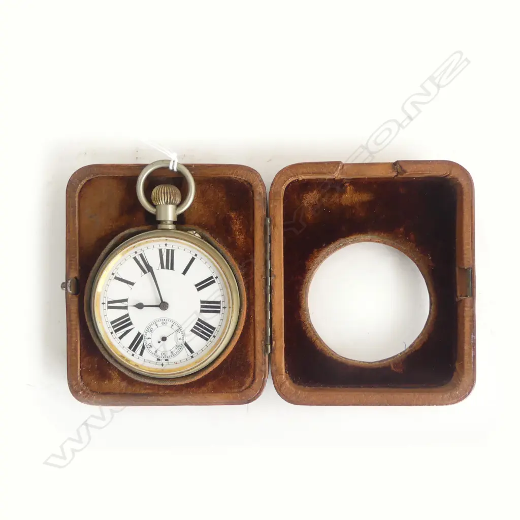 EARLY 20thC NICKLE CASED LGE TRAVELLING OPEN FACE POCKET WATCH in leather pig skin case. Running Image 1++