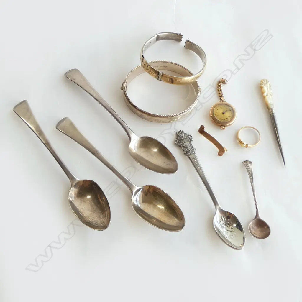 2 SILVER ENGRAVED BANGLES 1 A.F + George III silver spoons etc. SILVER WEIGHT 92gms Image 1++