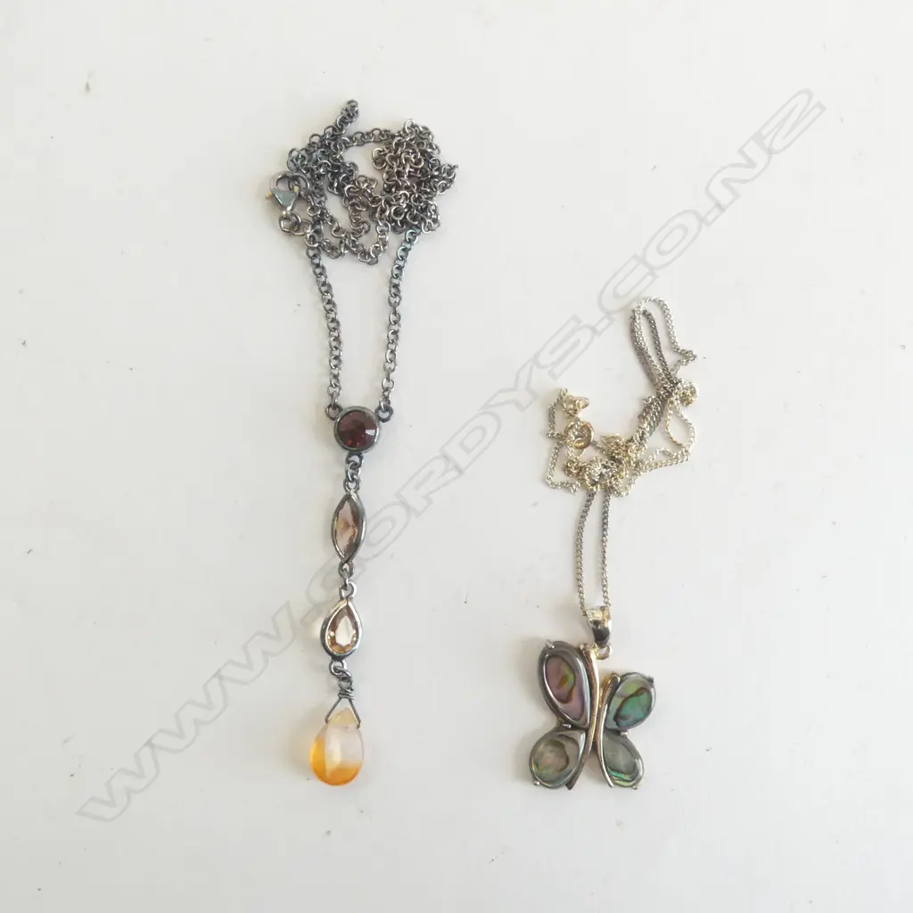 2 SILVER PENDANT NECKLACES: PAUA BUTTERFLY? + 4 GEM DROP Image 1++