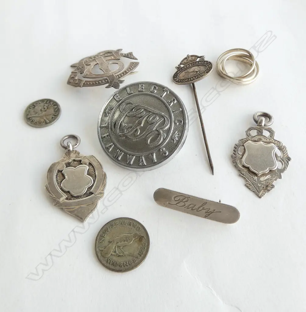 SILVER & OTHER JEWELLERY: 2 FOB MEDALLIONS + triple RING + 'Electric Tramways' badge ETC Image 1++