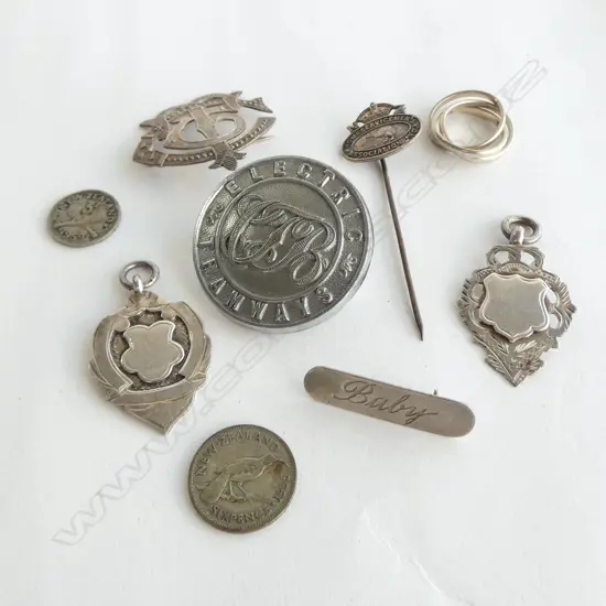 SILVER & OTHER JEWELLERY: 2 FOB MEDALLIONS + triple RING + 'Electric Tramways' badge ETC