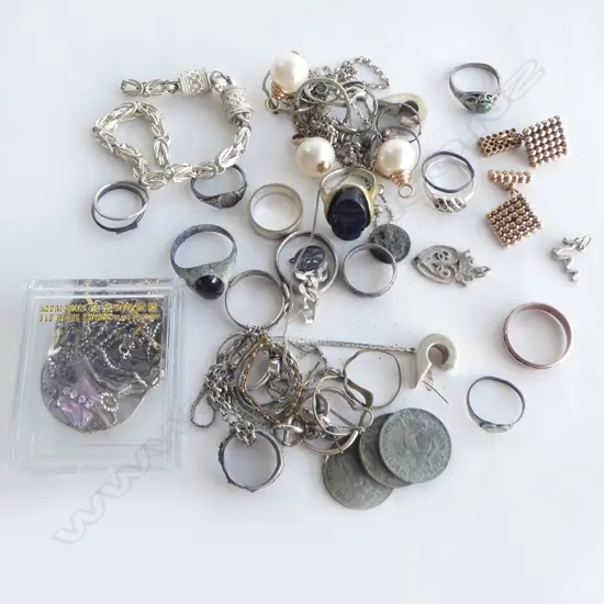 9ct GOLD RING + PR CUFFLINKS 18.7gms + 3 faux pearls w 9ct gold mounts + ASST. SILVER & OTHER JEWELLERY RINGS ETC