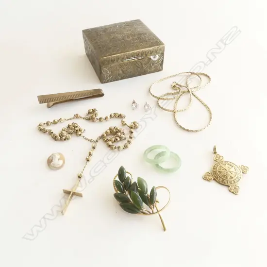 OLD INDIAN BRASS BOX W/ CONTENTS. cuff links- tie pin- pearls- brooches- loose stones etc