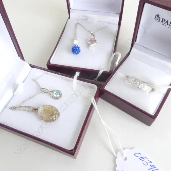 2 SILVER PENDANT NECKLACES: 3 with colourful gems & 1 with locket + SILVER GEM SET RING