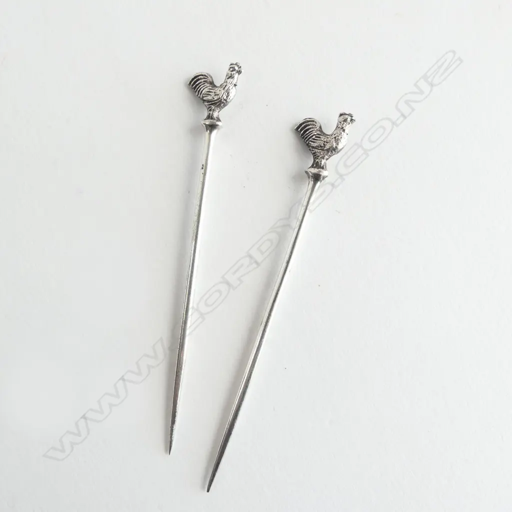 PAIR OF ART DECO SILVER? ROOSTER COCKTAIL PICKS Image 1++