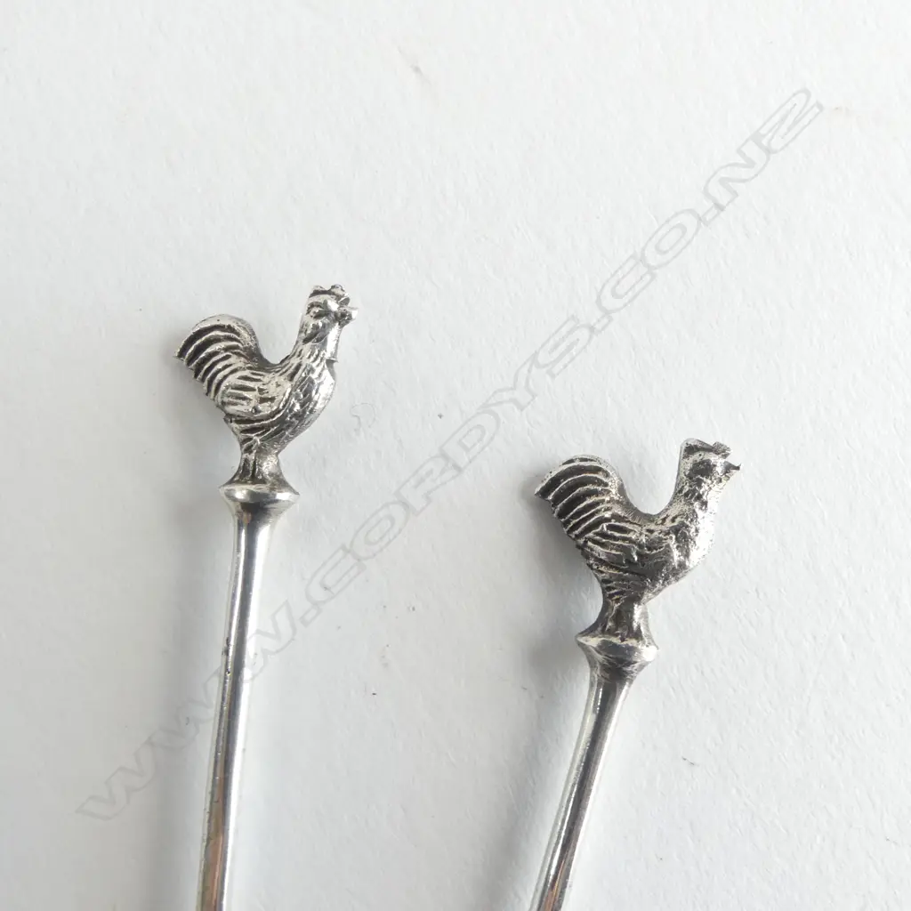 PAIR OF ART DECO SILVER? ROOSTER COCKTAIL PICKS Image 1++