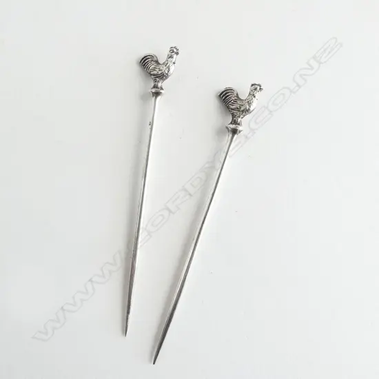 PAIR OF ART DECO SILVER? ROOSTER COCKTAIL PICKS