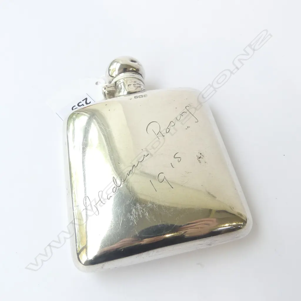 SILVER HIP FLASK Birmingham 1917 named & dated 118gms Image 1++
